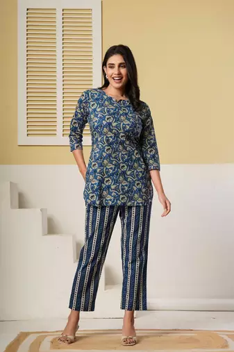 Navy blue floral printed kurti with striped straight pants – cotton co-ord set