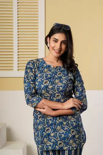 Navy blue floral printed kurti with striped straight pants – cotton co-ord set