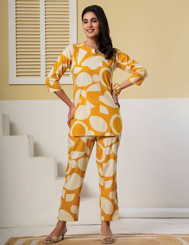 Mustard yellow geometric printed kurti with straight pants – cotton co-ord set