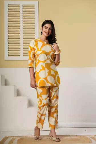 Mustard yellow geometric printed kurti with straight pants – cotton co-ord set