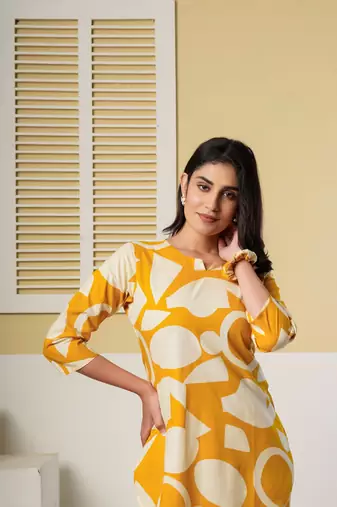 Mustard yellow geometric printed kurti with straight pants – cotton co-ord set