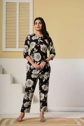 Black floral printed kurti with straight pants – cotton co-ord set