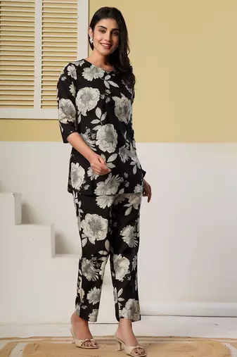 Black floral printed kurti with straight pants – cotton co-ord set