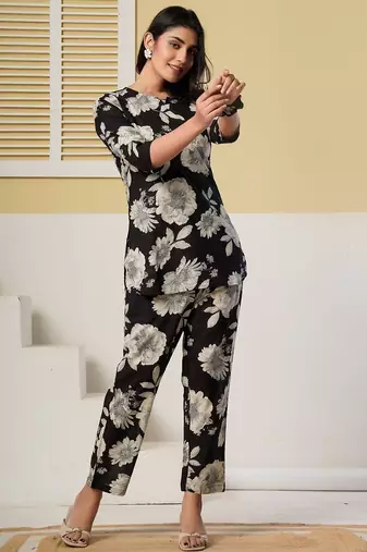 Black floral printed kurti with straight pants – cotton co-ord set