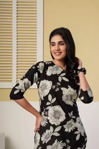 Black floral printed kurti with straight pants – cotton co-ord set