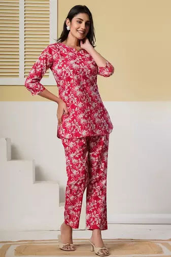Red floral printed kurti with straight pants – cotton co-ord set