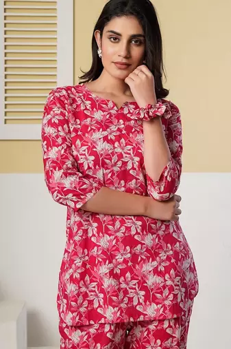 Red floral printed kurti with straight pants – cotton co-ord set