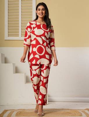 Red geometric printed kurti with straight pants – cotton co-ord set 1