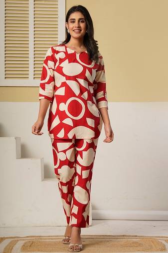 Red geometric printed kurti with straight pants – cotton co-ord set