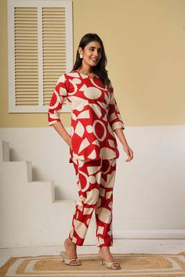 Red geometric printed kurti with straight pants – cotton co-ord set 2