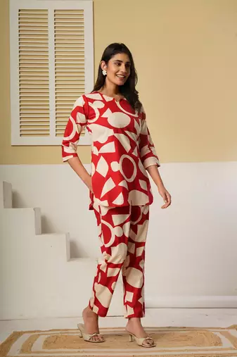Red geometric printed kurti with straight pants – cotton co-ord set