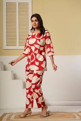 Red geometric printed kurti with straight pants – cotton co-ord set 3