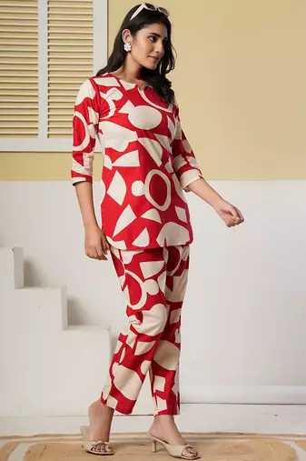 Red geometric printed kurti with straight pants – cotton co-ord set