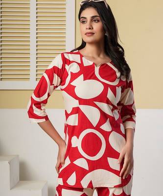 Red geometric printed kurti with straight pants – cotton co-ord set 5
