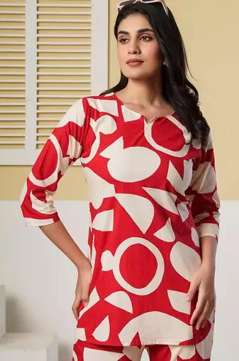 Red geometric printed kurti with straight pants – cotton co-ord set