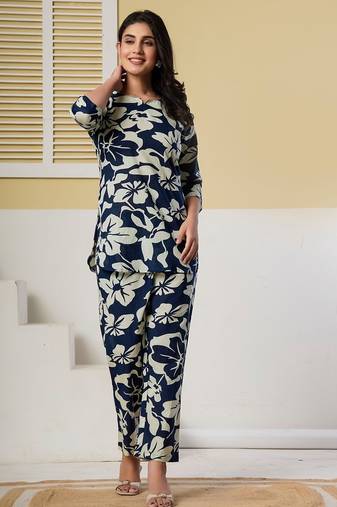 Navy blue floral printed kurti with straight pants – cotton co-ord set