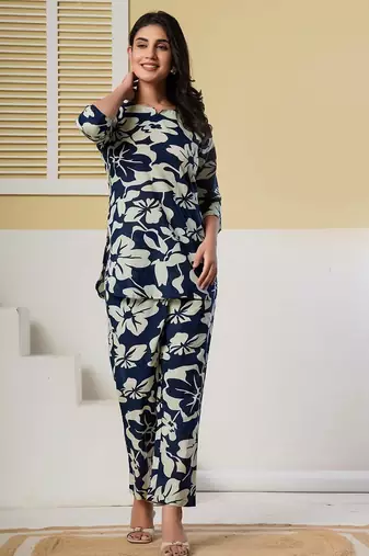 Navy blue floral printed kurti with straight pants – cotton co-ord set