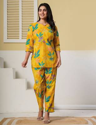Yellow floral printed kurti with straight pants – cotton co-ord set 1