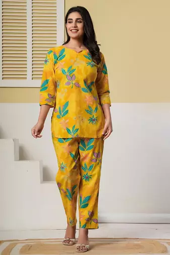 Yellow floral printed kurti with straight pants – cotton co-ord set