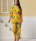 Yellow floral printed kurti with straight pants – cotton co-ord set
