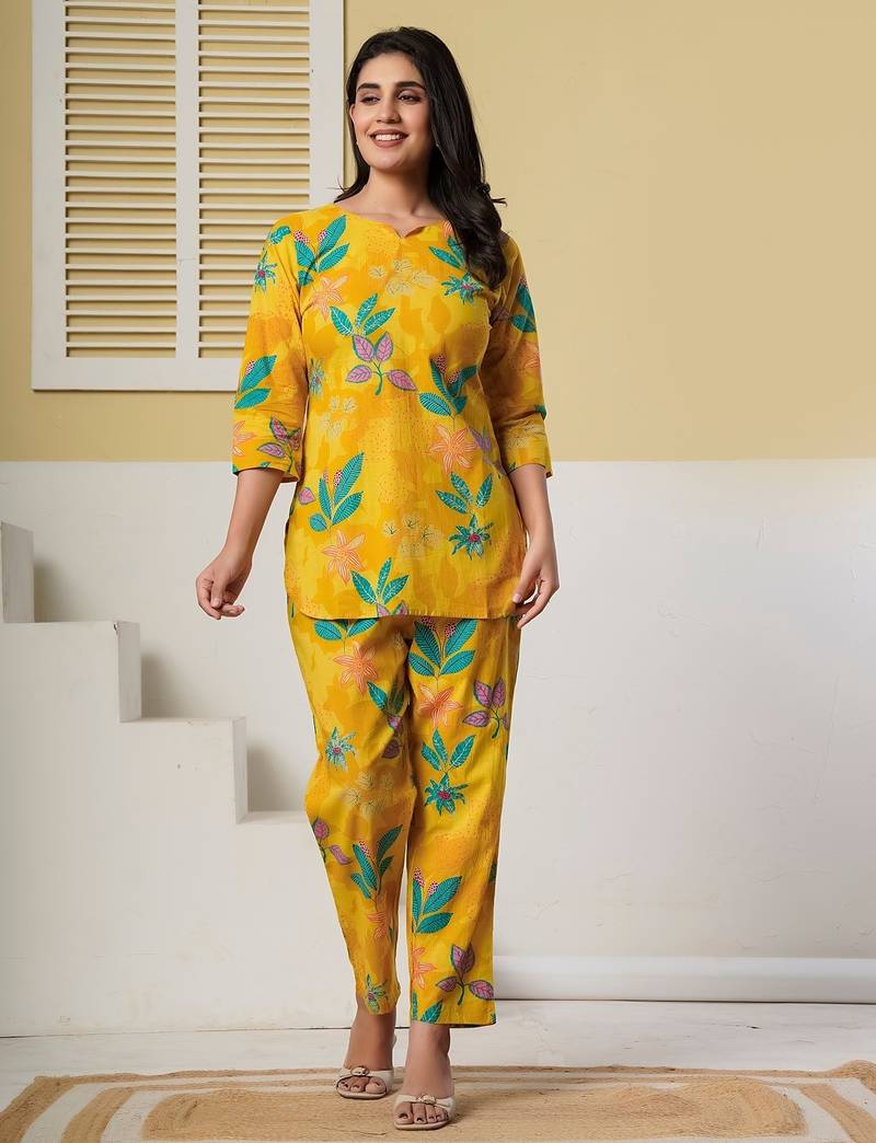 Yellow floral printed kurti with straight pants – cotton co-ord set