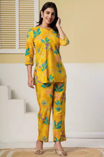 Yellow floral printed kurti with straight pants – cotton co-ord set