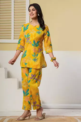 Yellow floral printed kurti with straight pants – cotton co-ord set