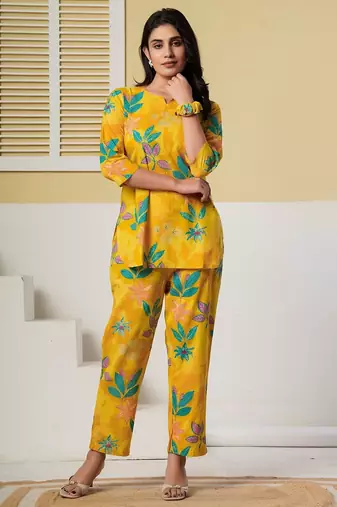 Yellow floral printed kurti with straight pants – cotton co-ord set