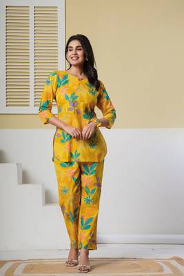 Yellow floral printed kurti with straight pants – cotton co-ord set 5