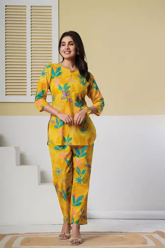 Yellow floral printed kurti with straight pants – cotton co-ord set