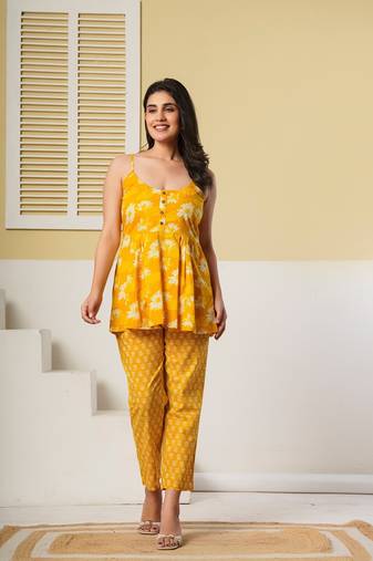 Yellow floral printed spaghetti kurti with straight pants – cotton co-ord set