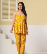 Yellow floral printed spaghetti kurti with straight pants – cotton co-ord set