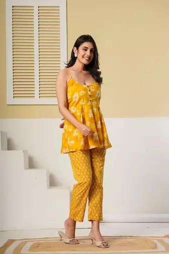 Yellow floral printed spaghetti kurti with straight pants – cotton co-ord set