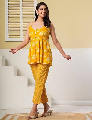 Yellow floral printed spaghetti kurti with straight pants – cotton co-ord set 3