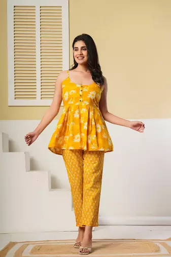 Yellow floral printed spaghetti kurti with straight pants – cotton co-ord set