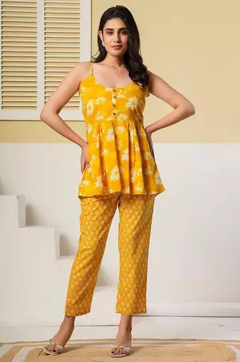 Yellow floral printed spaghetti kurti with straight pants – cotton co-ord set