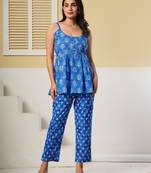 Blue printed spaghetti kurti with straight pants – cotton co-ord set