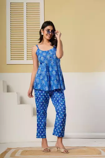 Blue printed spaghetti kurti with straight pants – cotton co-ord set