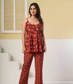 Rust red floral printed spaghetti kurti with straight pants – cotton co-ord set