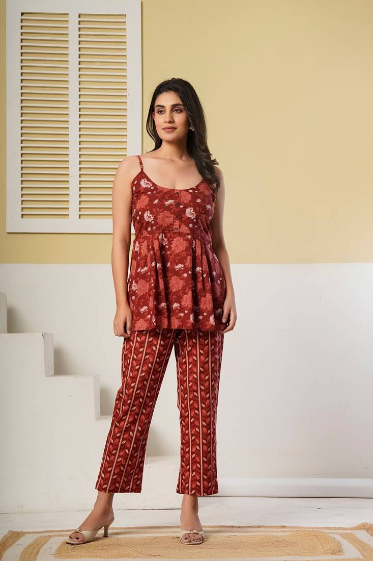 Rust red floral printed spaghetti kurti with straight pants – cotton co-ord set