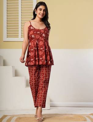 Rust red floral printed spaghetti kurti with straight pants – cotton co-ord set 2