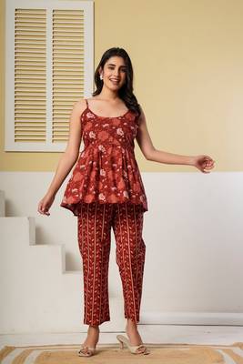 Rust red floral printed spaghetti kurti with straight pants – cotton co-ord set 3