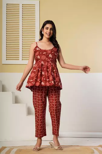 Rust red floral printed spaghetti kurti with straight pants – cotton co-ord set