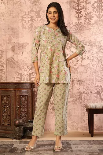 Olive green floral printed kurti with straight pants – cotton co-ord set
