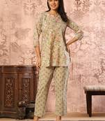 Olive green floral printed kurti with straight pants – cotton co-ord set