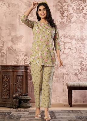 Olive green floral printed kurti with straight pants – cotton co-ord set 5