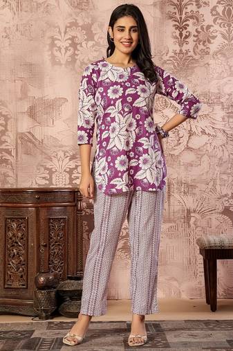 Purple floral printed kurti with straight pants – cotton co-ord set