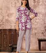 Purple floral printed kurti with straight pants – cotton co-ord set