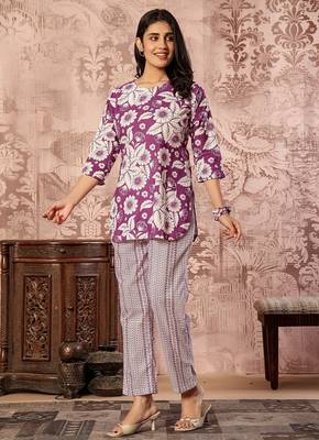 Purple floral printed kurti with straight pants – cotton co-ord set 3