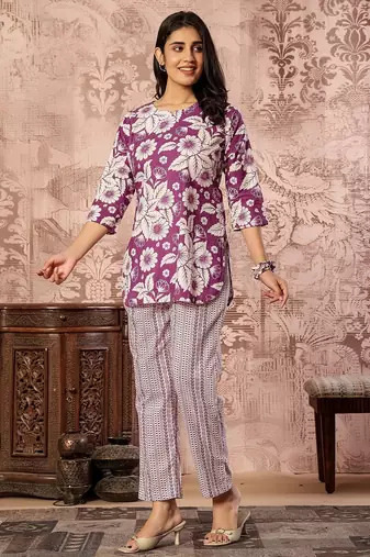 Purple floral printed kurti with straight pants – cotton co-ord set